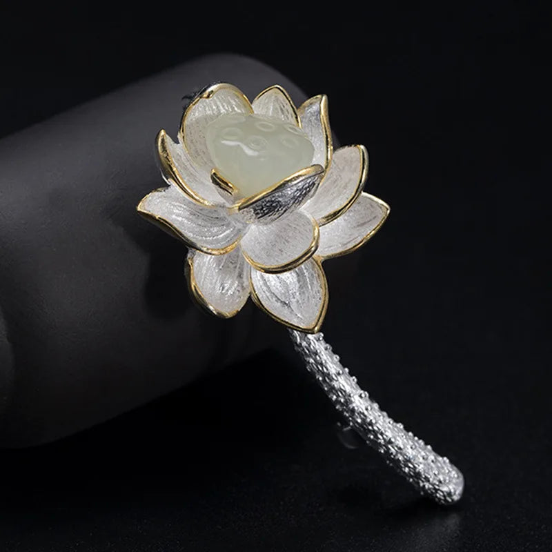 Natural Hotan Jade Lotus Flower Jewelry Set, Necklace Ring Bracelet Hairpin Boutique