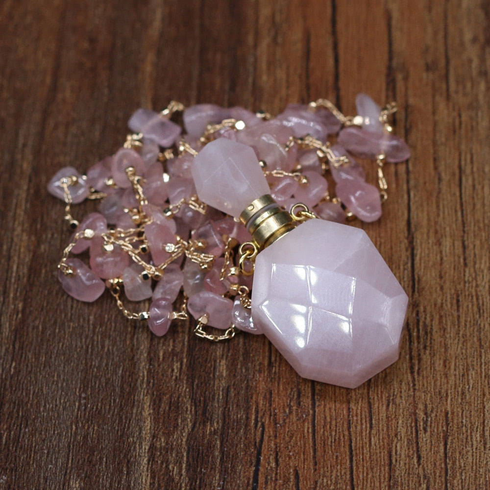 Natural Stone Perfume Bottle Necklace Pink Quartz Pendant Charms For Elegant Women Love Romantic Gift 60 CM