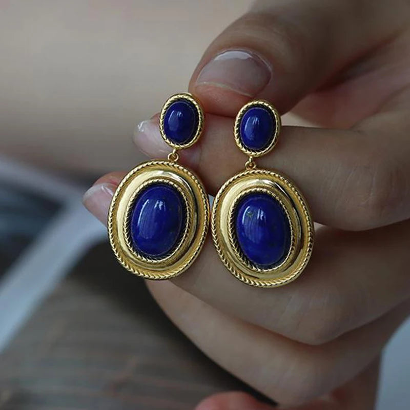 New design inlaid lapis lazuli oval hollow earrings exaggerated punk style retro ancient gold craftsmanship women's jewelry - Charlie Dolly