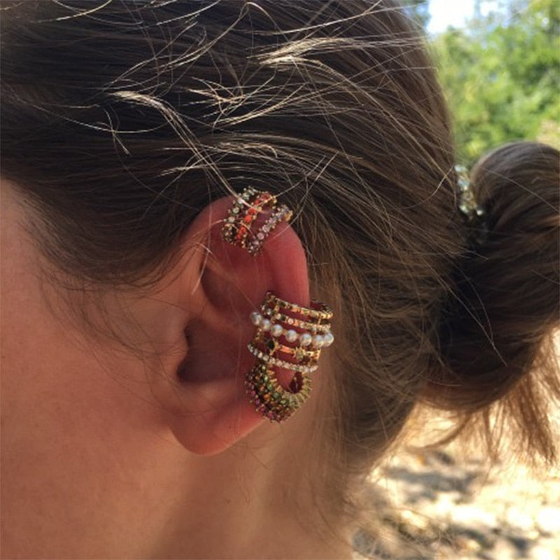 2023 New Fashion Pearl Ear Cuff Bohemia Stackable C Shaped CZ Rhinestone Small Earcuffs Clip Earrings for Women Wedding Jewelry