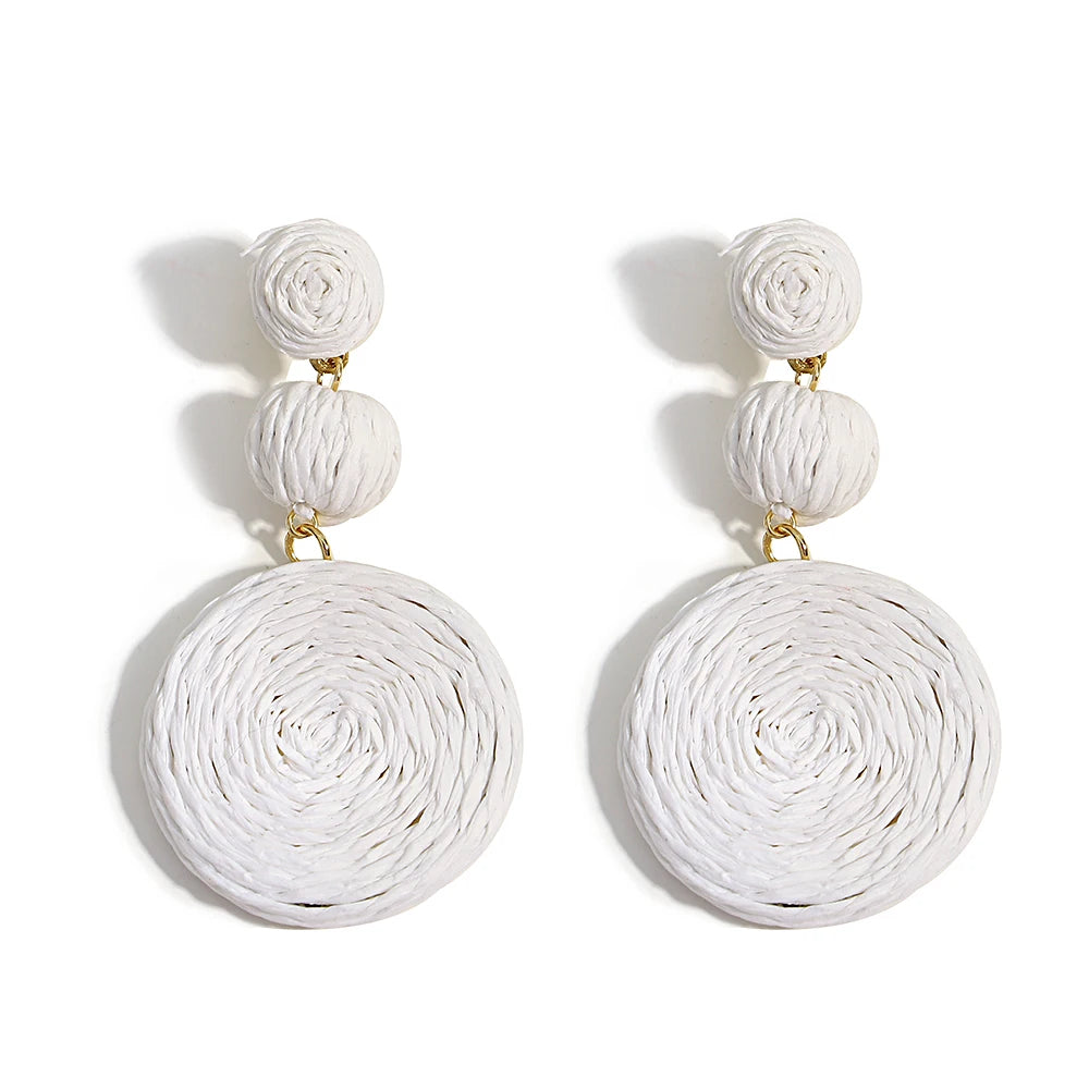 Yellow Raffia Knit Round Drop Earrings Jewelry