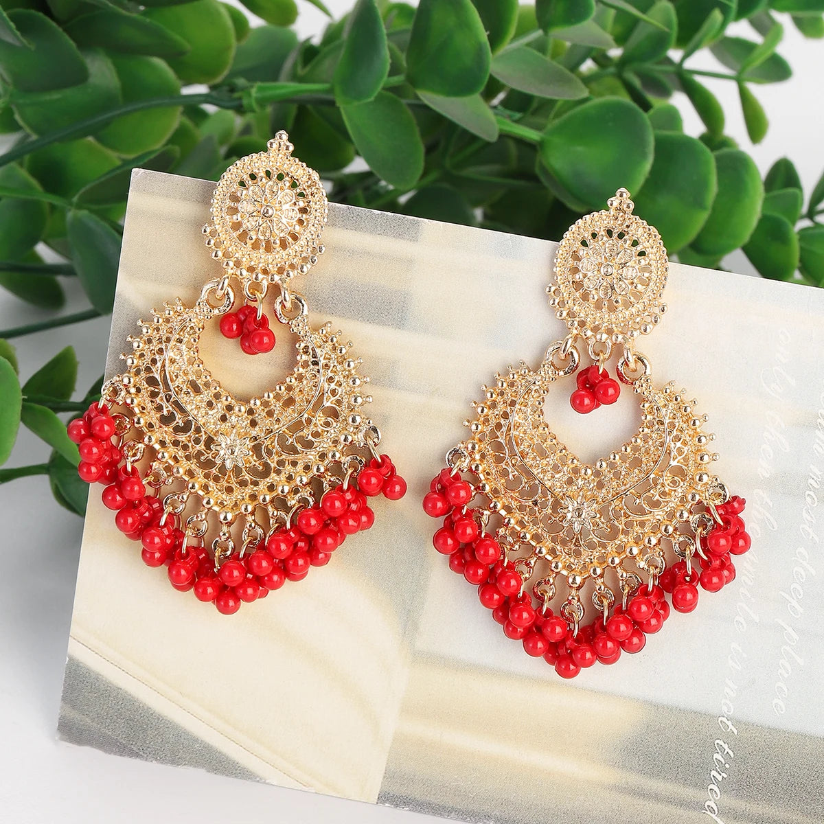 Gold Carved Heart Pink Bead Jhumka Earrings Jewelry