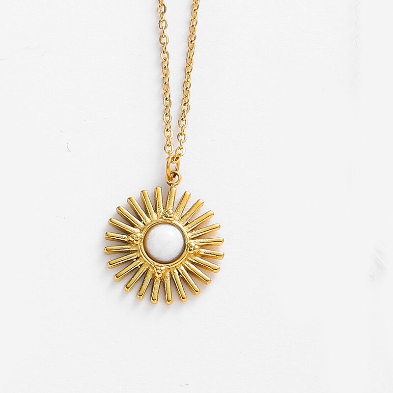 Bohemia Natural Stone Sunflower Pendant Necklaces for Women Stainless Steel Clavicle Chain Necklaces Female Party Jewelry Gifts