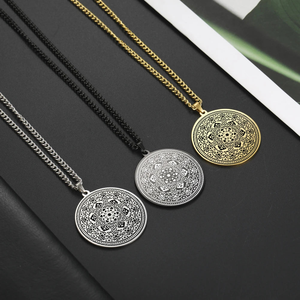 Lotus Chakra Mandala Pendant Necklace, Stainless Steel Buddhist Hindu Meditation Amulet