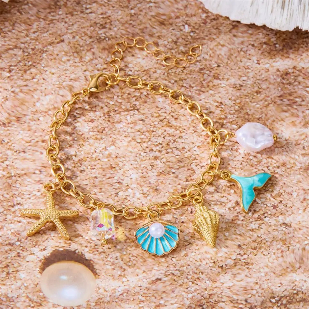 Pearl, Shell and Starfish Gold Tassel Boho Bracelet