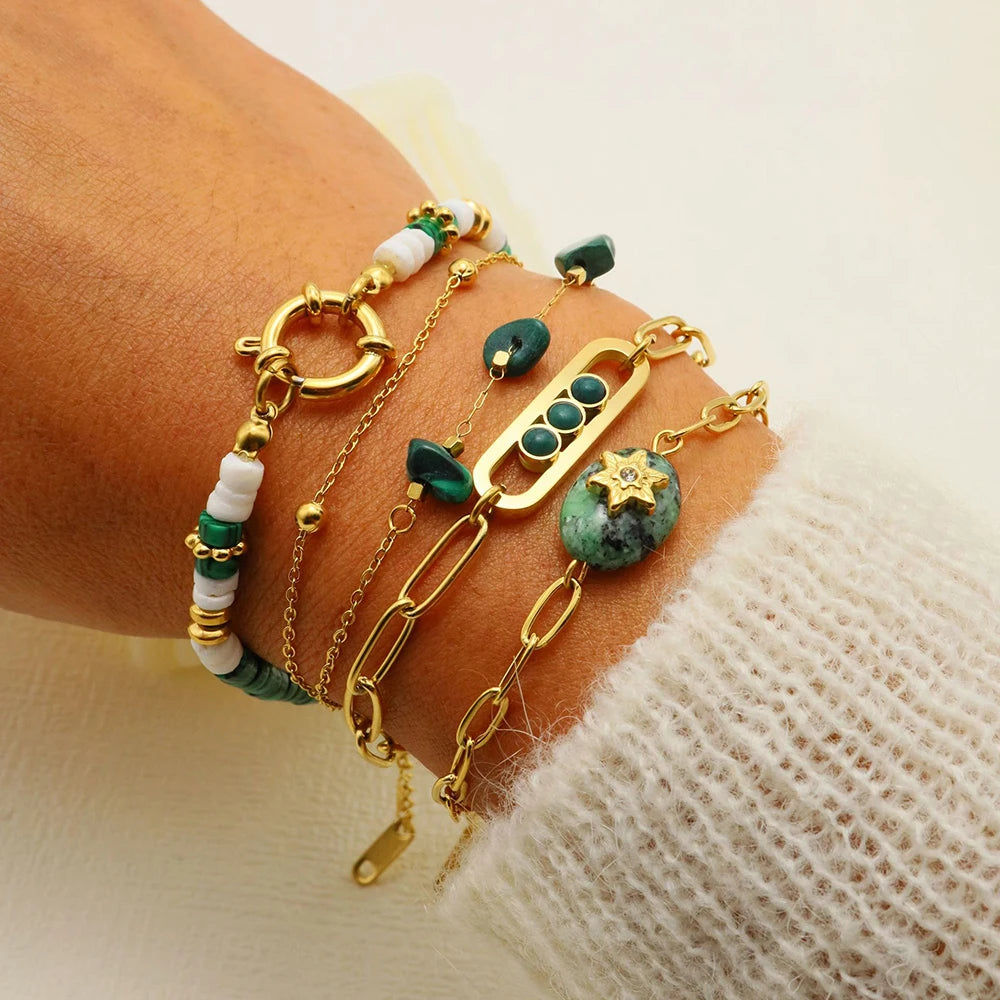 WILD & FREE Boho Vintage Green Natural Stone Bracelets for Women Stainless Steel Trendy Charms Aesthetic Jewelry Set - Charlie Dolly