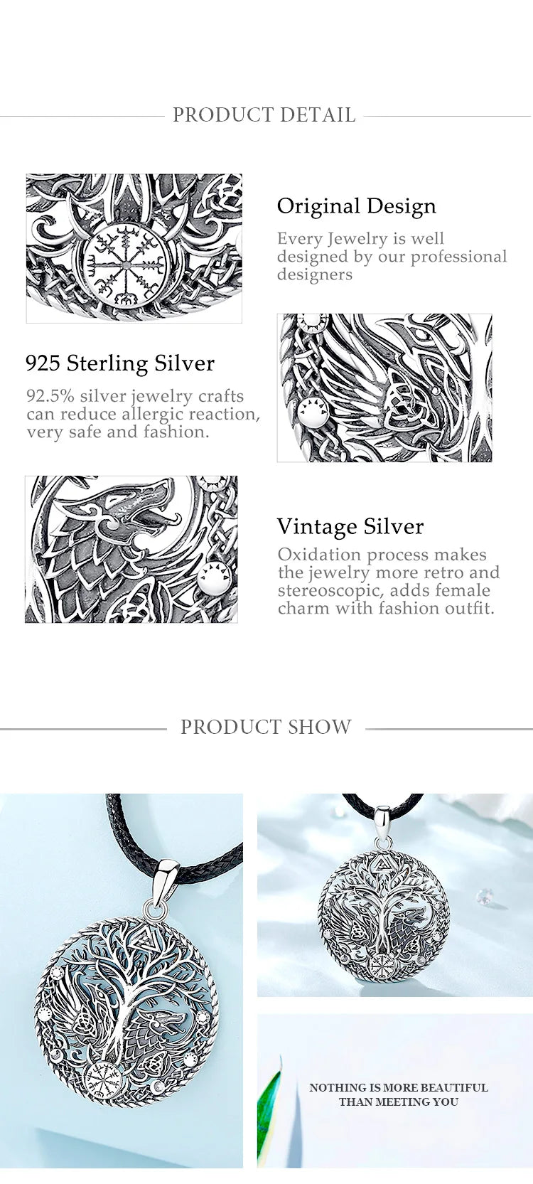 S925 Sterling Silver Viking Raven Wolf Pendant Necklace, Celtic Knot Tree of Life Compass Amulet