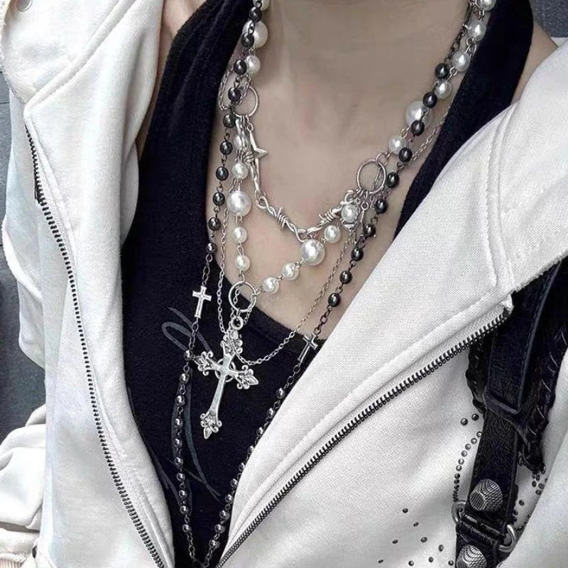 Cross Pendant Pearl Stacked Multilayer Necklace Jewelry