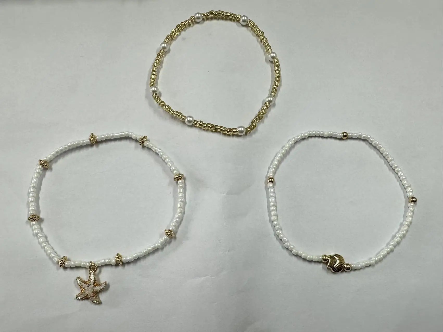 Starfish, Shell and Millet Bead Triple Layer Anklet Set