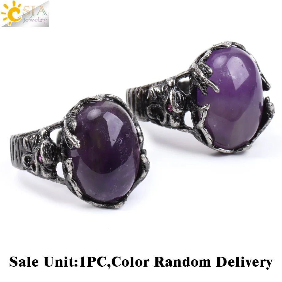 CSJA Vintage Silver Rings Natural Stone Amethyst Ring for Women Adjustable Design Handmade Fashion Jewelry Boho Accessories H765 - Charlie Dolly