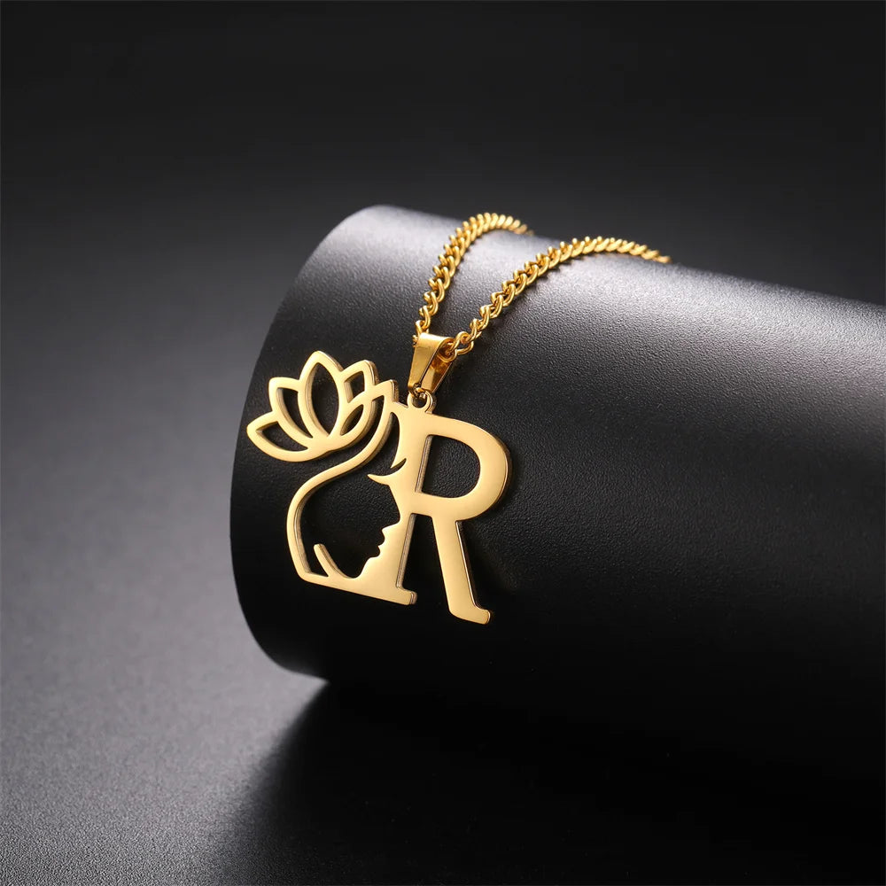 Lotus Flower Initial Letter Pendant, Personalized Stainless Steel Necklace