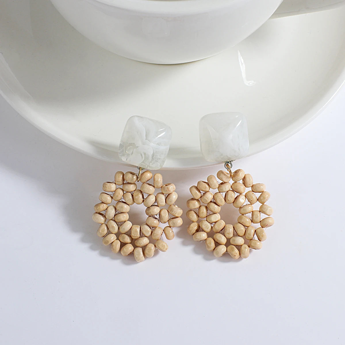 Wooden Rattan Braid Geometric Drop Earrings Jewelry