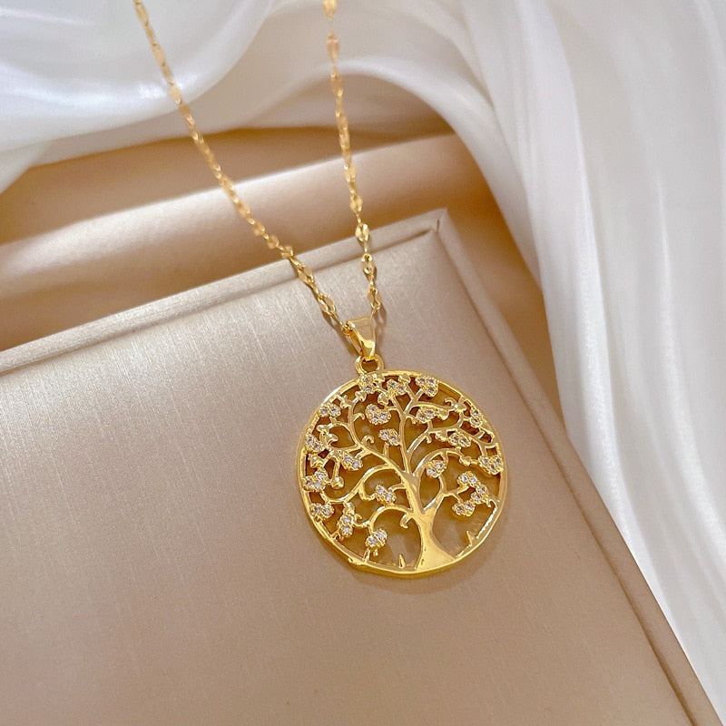 Luxury Tree of Life Zircon Necklace for Women Gold-plated Charm Big Tree Stainless Steel Pendant Jewelry Lucky Accessories Gift