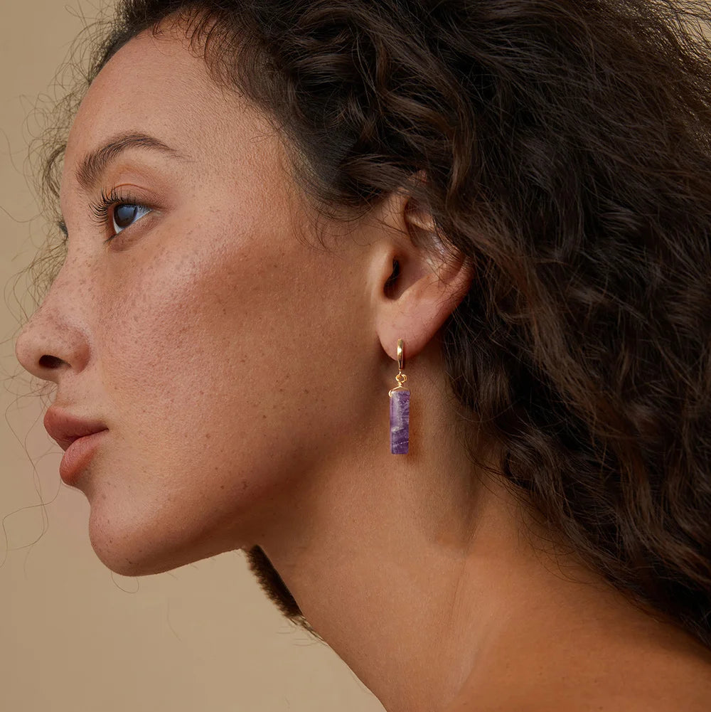 Rectangle Gemstone Drop Hoop Earrings, Natural Healing Crystal Boho Jewelry