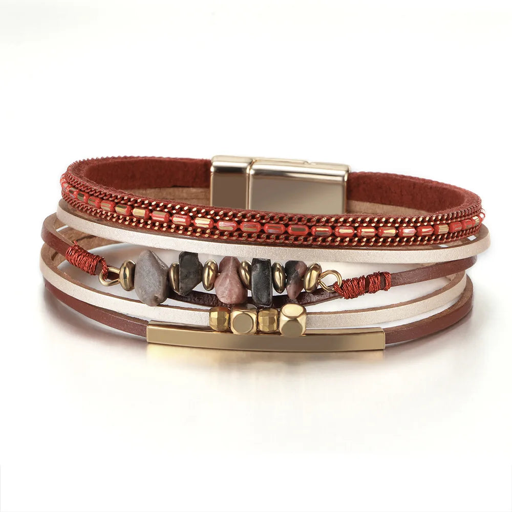 Layered Leather Stone Cuff Bracelet