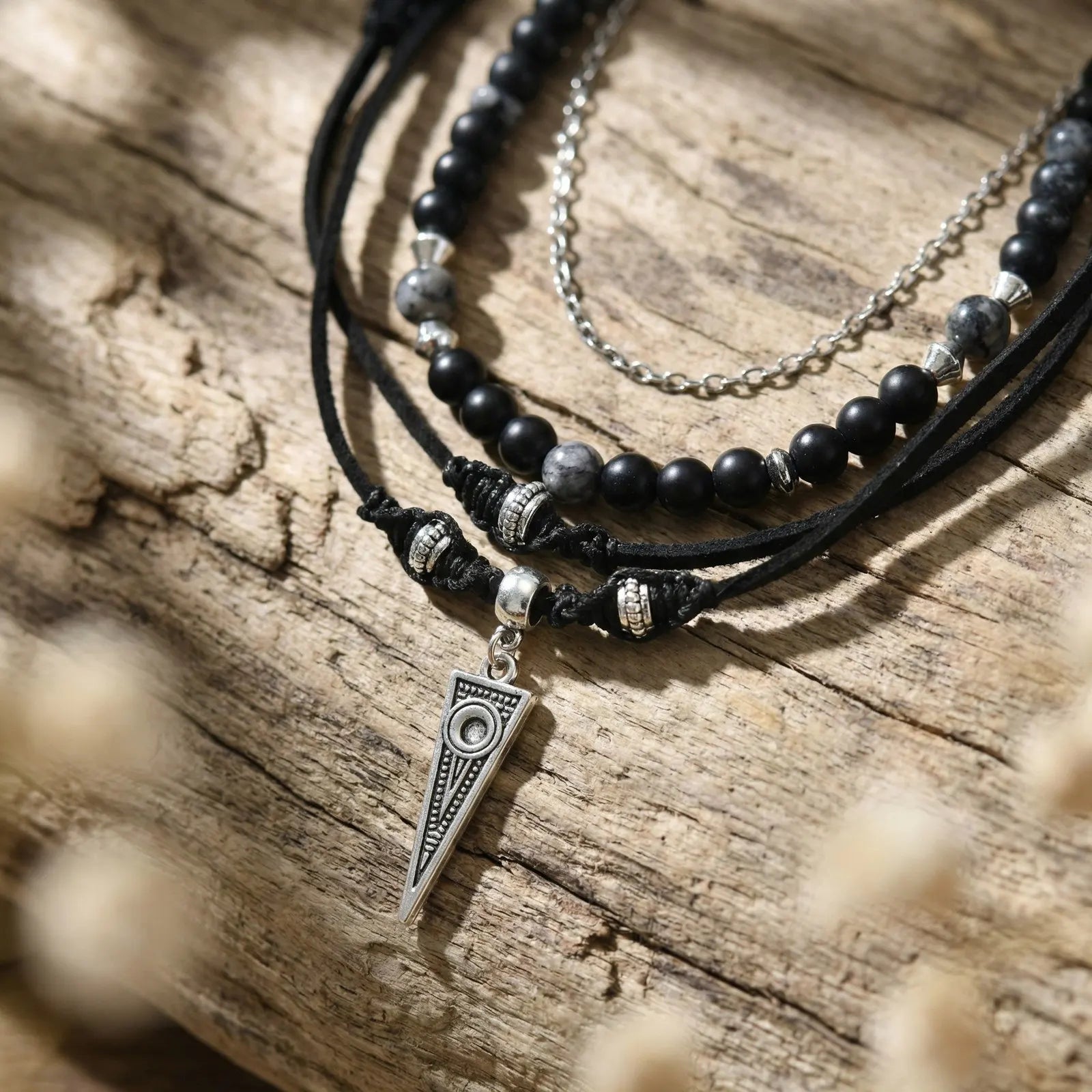 Triangle Onyx Bead Layered Leather Necklace Jewelry
