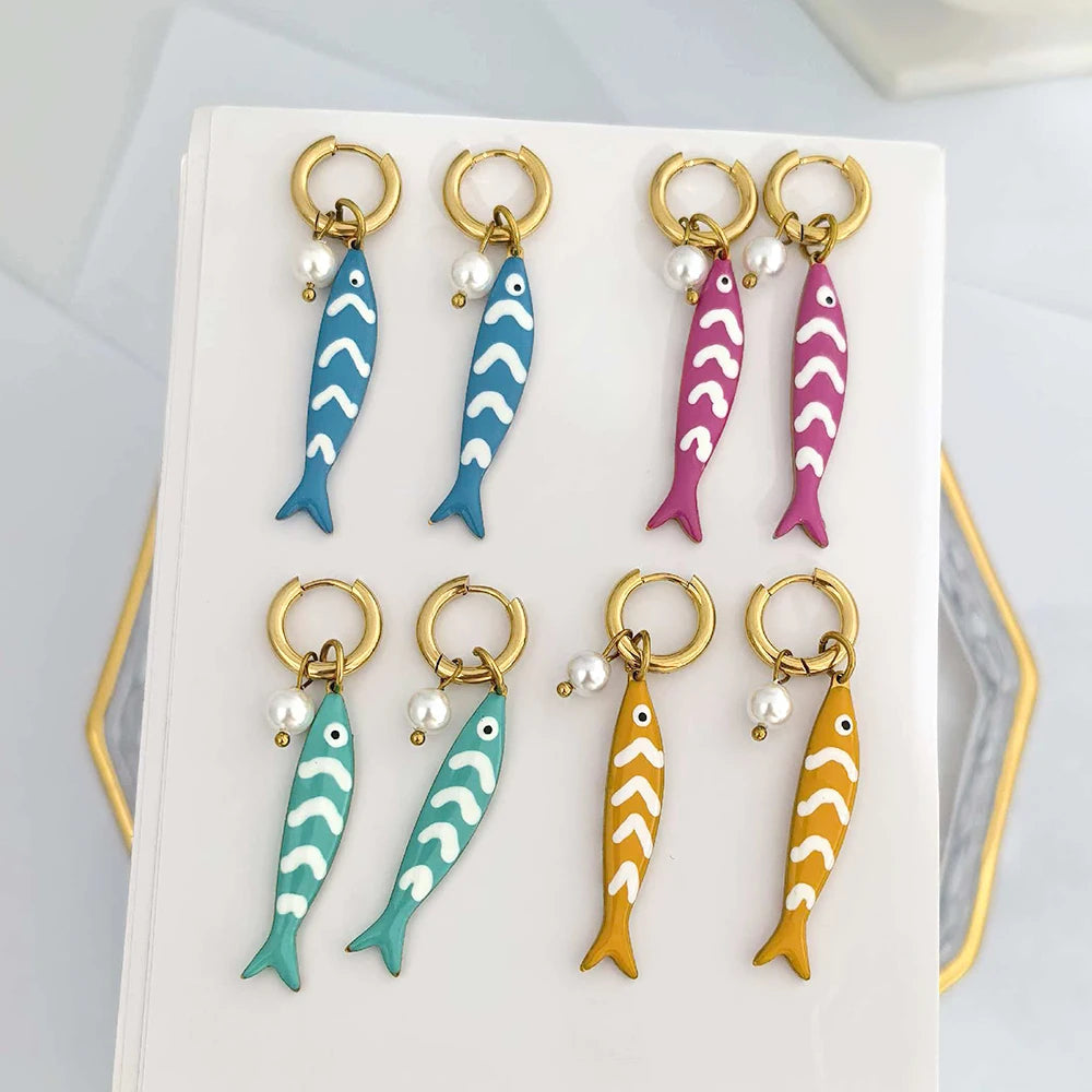 Fish Pearl Gold Hoop Drop Earrings Jewelry
