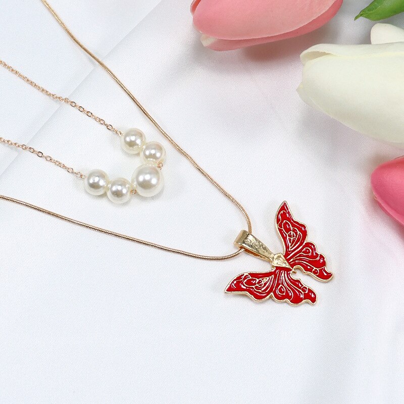 Trendy Barbie Princess Pearl Enamel Butterfly Choker Necklace For Women Holiday Party Gift Fashion Jewelry Accessories N049
