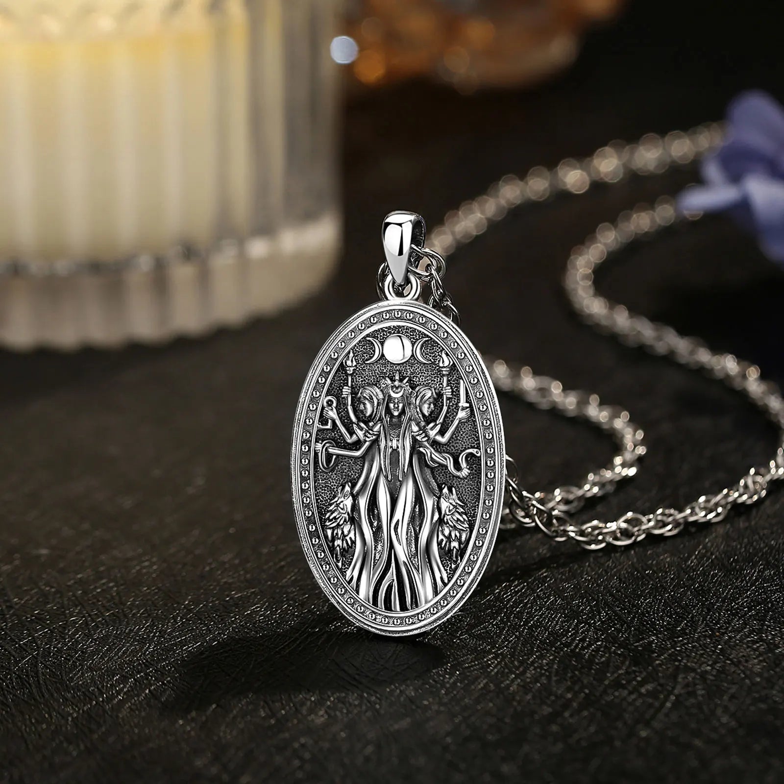 Triple Moon Goddess Hecate Hound Necklace, S925 Sterling Silver