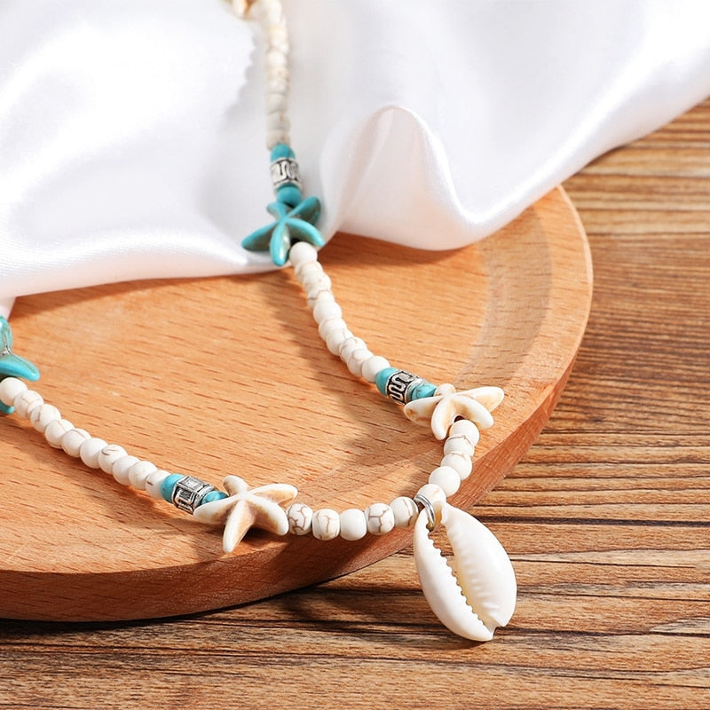 Bohemian Natural Stone Shell Pendant Short Necklace for Women Starfish Beads Chokers Female Collar Summer Jewelry