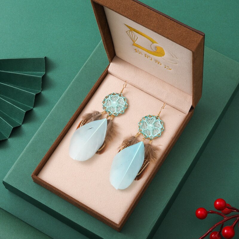 Vintage Long Water Drop Feather Earrings for Women Elegant Insert Rhinestone Crystal Bead Leaf Tassel Earring Female Jewelry