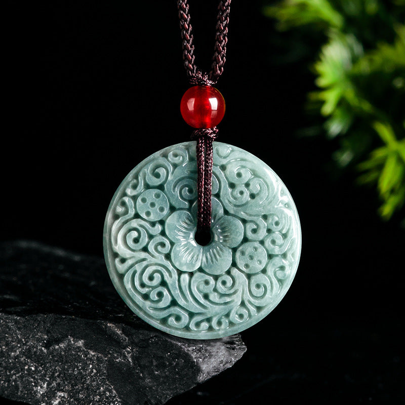 Grade A Natural Blue Water Jade Flower Safety Buckle Necklace, Sacred Protection Talisman