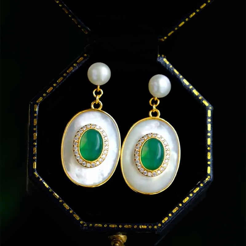 New style inlaid lapis lazuli artificial artificial fritillary earrings for women emerald vintage pearl wedding silver jewelry - Charlie Dolly