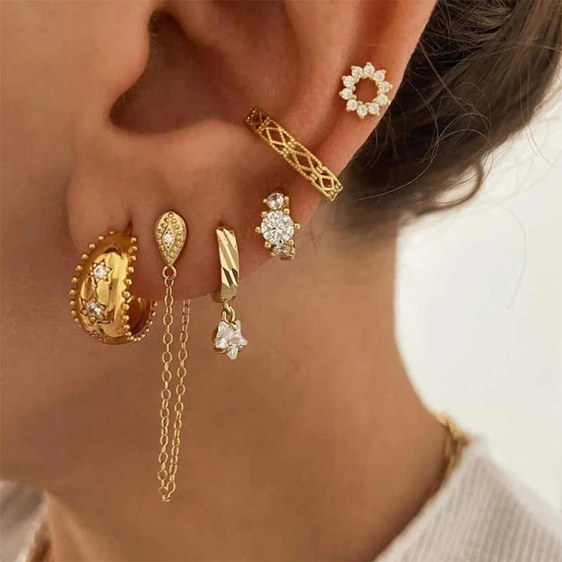 Gold Plated Hoop Stud Ear Cuff Earrings Set Jewelry