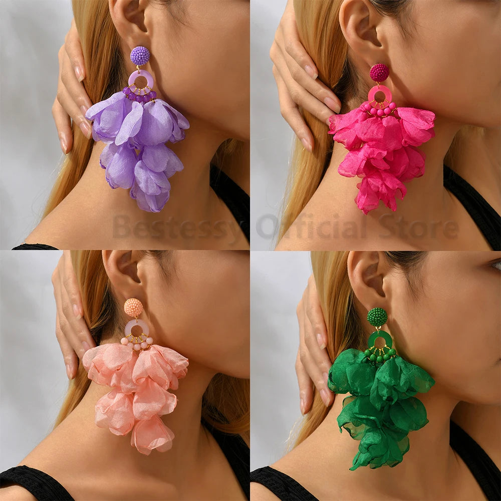Cotton Flower Petal Beaded Tassel Earrings Jewelry