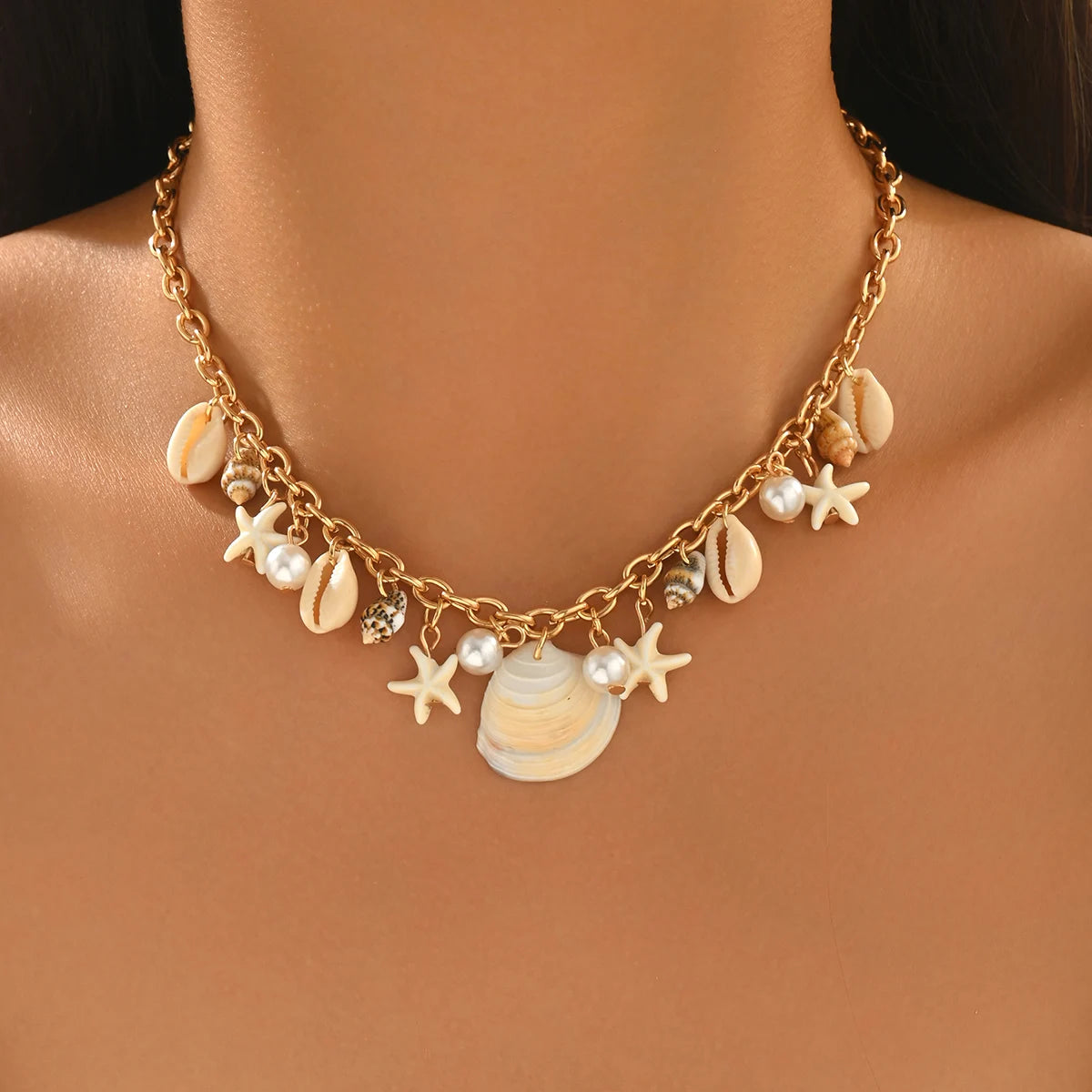Dainty Gold Cowrie Shell and Starfish Choker Necklace