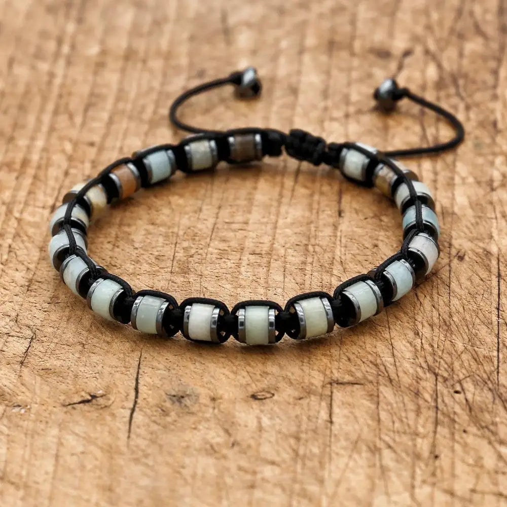 3*6mm Natural Amazonite Stone Hematite Beads Braided Bracelet Handmade Woven Boho Yoga Charm Bracelet Couple Men Jewelry - Charlie Dolly