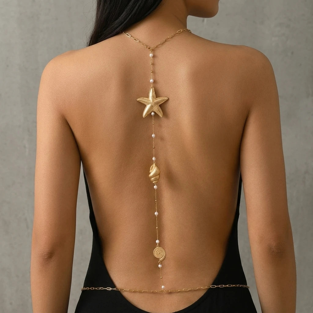 Gold Starfish, Shell and Pearl Backdrop Body Chain
