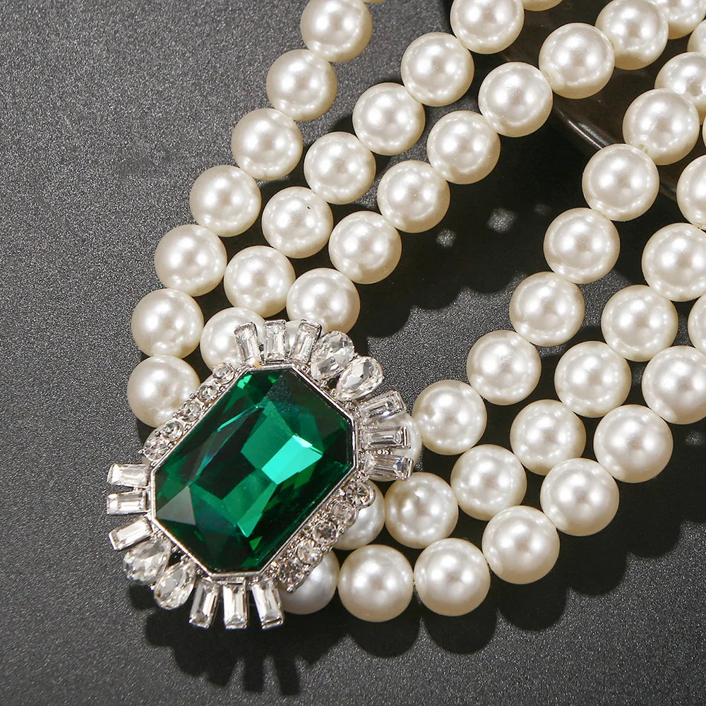 Pearl Green Crystal Layered Choker Necklace Jewelry