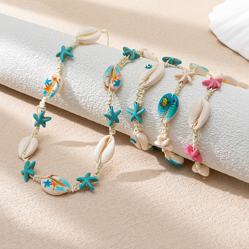 Boho Natural Shell Rope Chain Choker Necklaces for Women Kids Cartoon Starfish Turtle Choker Beach Jewelry Gift Summer Holiday