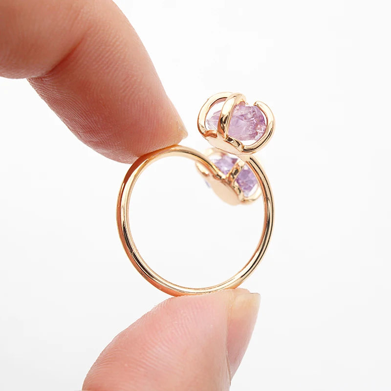 Irregular Amethyst Crystal Open Ring for Women Girls Claw Setting Gold-color Boho Natural Stone Finger Jewelry Resizable - Charlie Dolly