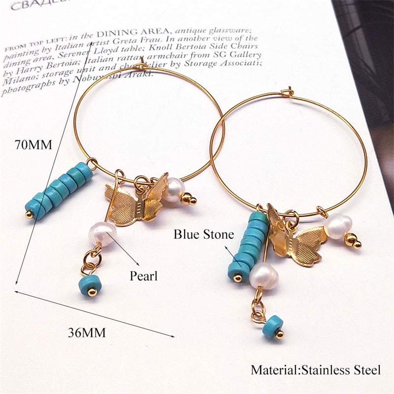 Boho Butterfly Pearl Tassel Hoop Earrings for Women Stainless Steel Blue Bead Dangle Earring Kpop Party Jewelry Gift