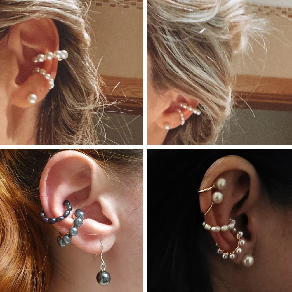 2023 New Fashion Pearl Ear Cuff Bohemia Stackable C Shaped CZ Rhinestone Small Earcuffs Clip Earrings for Women Wedding Jewelry