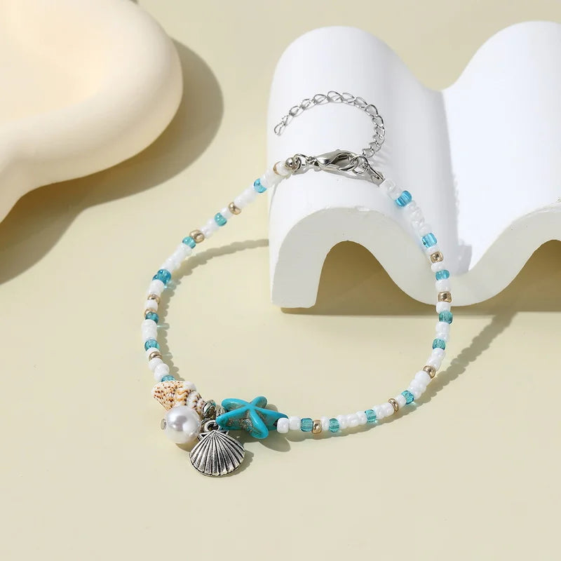 Shell and Starfish Rice Bead Handmade Boho Anklet