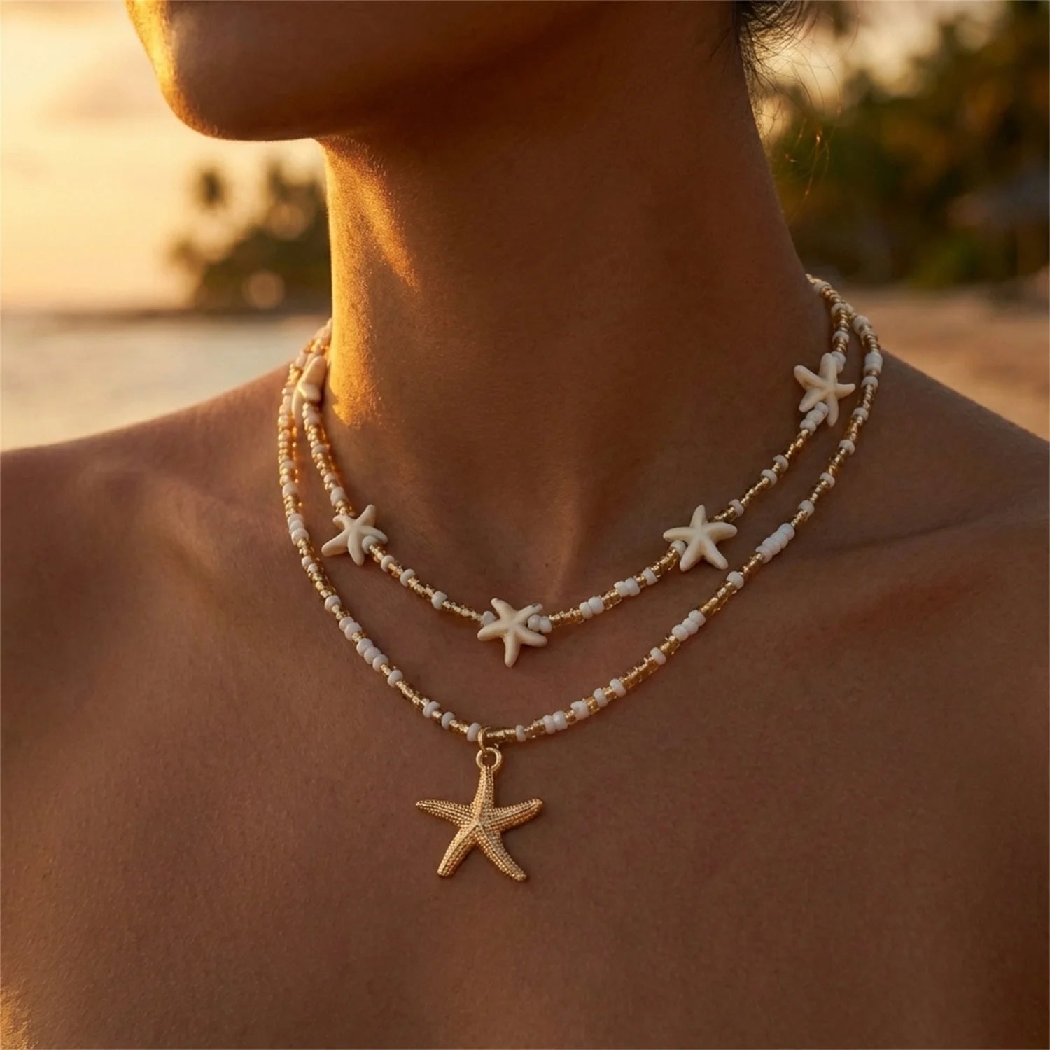 Dainty Shell, Starfish and Rice Bead Layered Clavicle Necklace