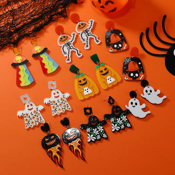 8 pairs of Halloween flame demons, cute little ghosts, acrylic earrings, skull heads, alien spaceships, pumpkin ghosts - Charlie Dolly