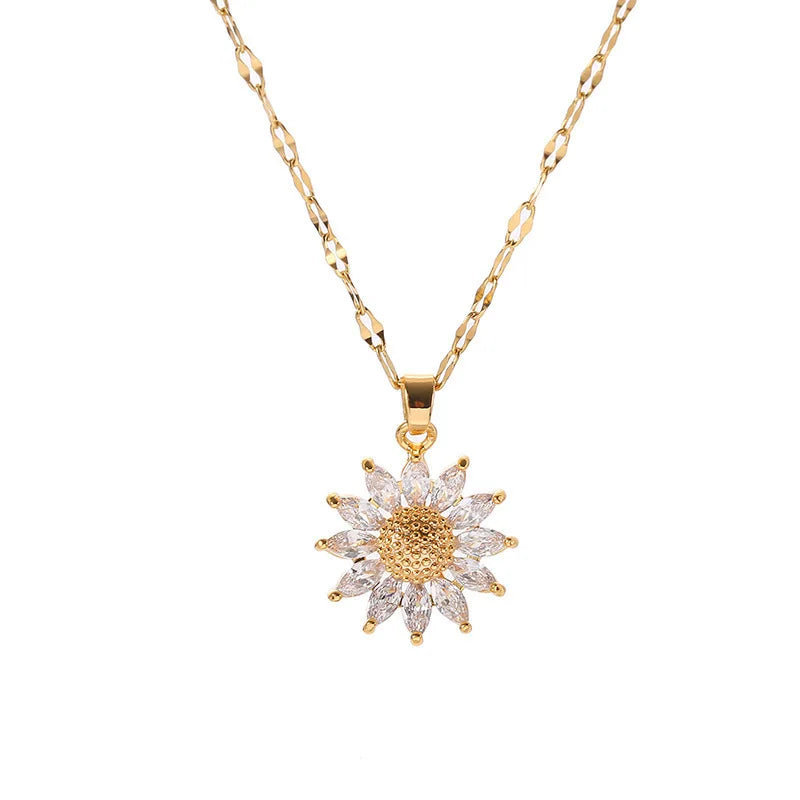 Gold Flower Zirconia Pendant Necklace, Titanium Steel Luxury Chain