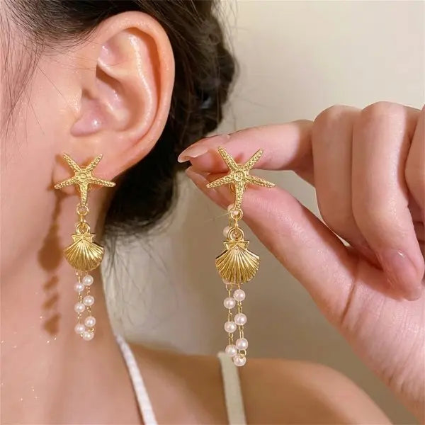 Pearl and Seashell Clustered Tassel Dangle Earrings