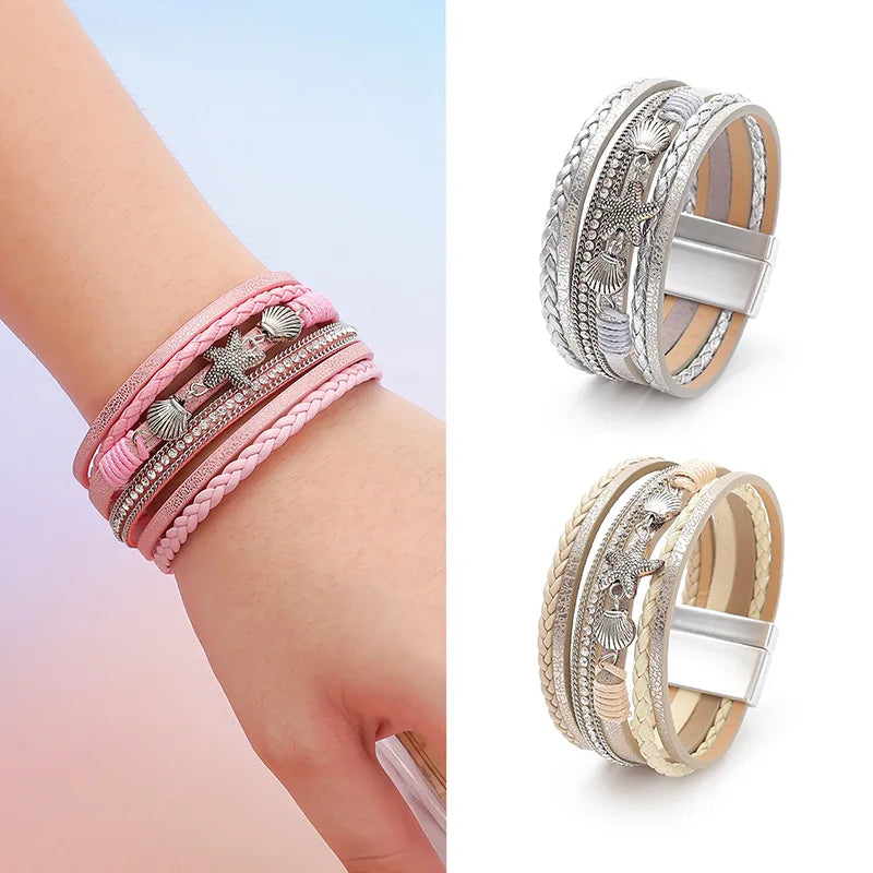 Starfish Shell Braided Leather Cuff Bracelet