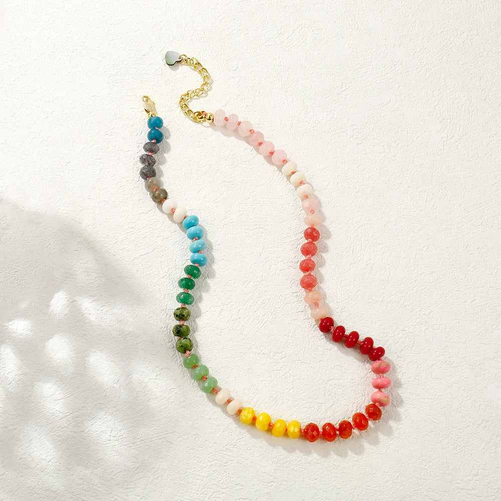 Badu Rainbow Gemstone Beaded Necklace Colorful Natural Stone Choker Necklace Summer Beach Vacation Women's Fashion Boho Jewelry - Charlie Dolly