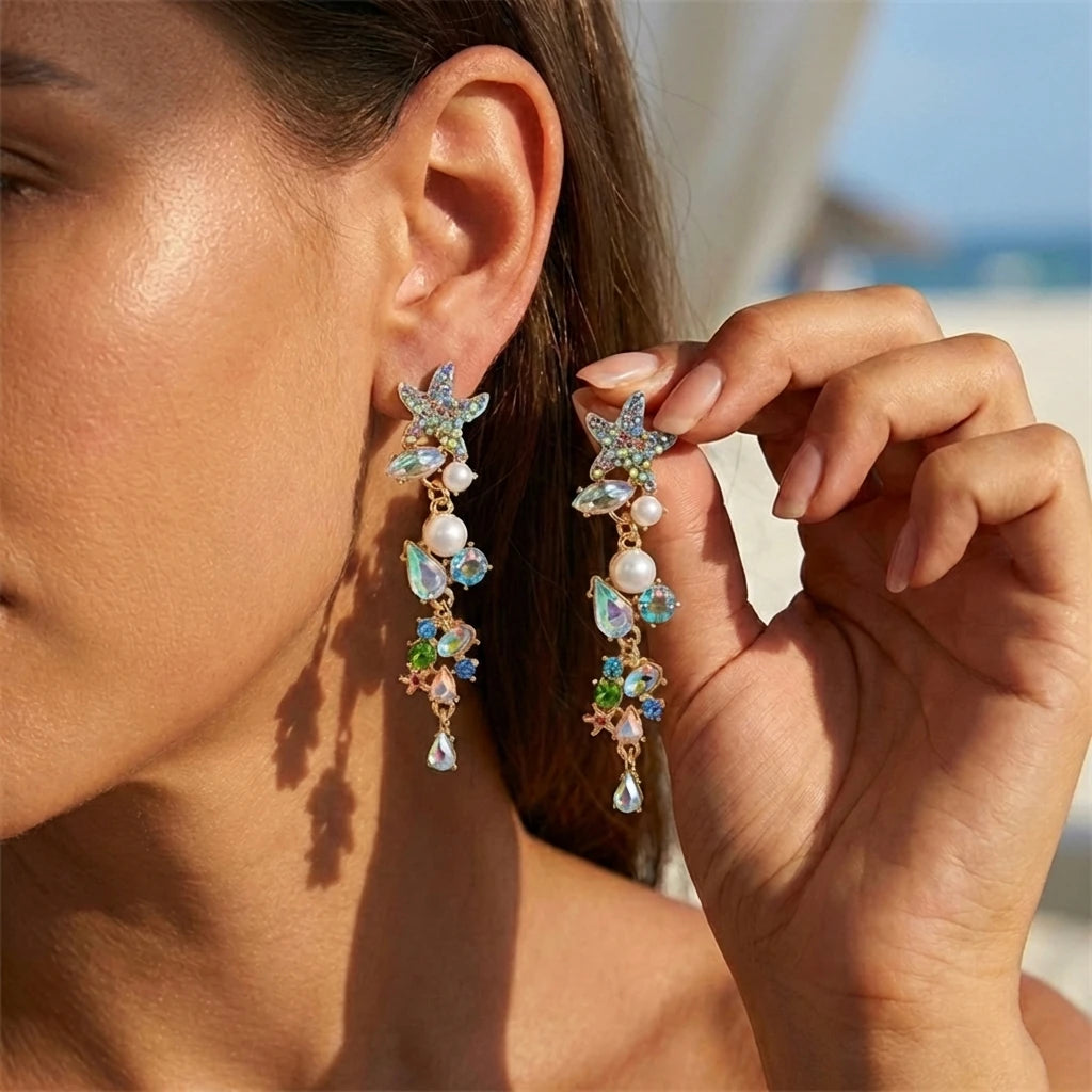 Starfish Coral Pearl Tassel Drop Earrings Jewelry