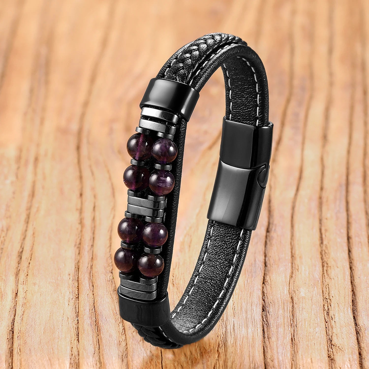 13 Styles Natural Stone Bead Bracelets, Handmade Leather Cord Jewelry with Stainless Steel Clasp, Boho Gift for Women Man - Charlie Dolly