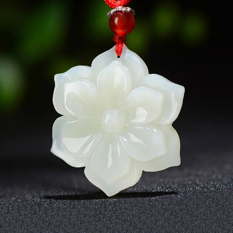 Natural White Jade Rich Flower Pendant Necklace, Hand-Carved Luxury Talisman