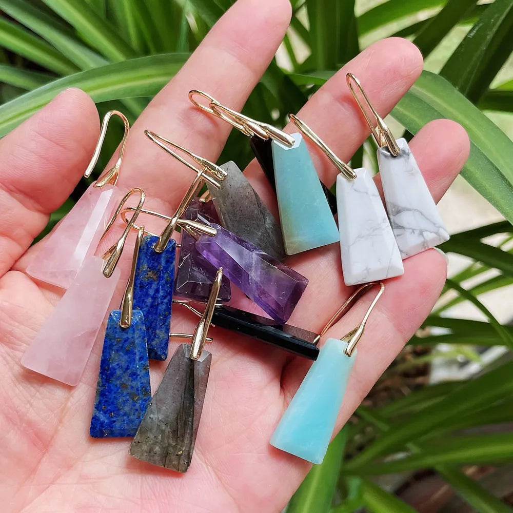 Natural Crystal Geometric Drop Earrings, Amethyst Rose Quartz Healing Tassel Jewelry