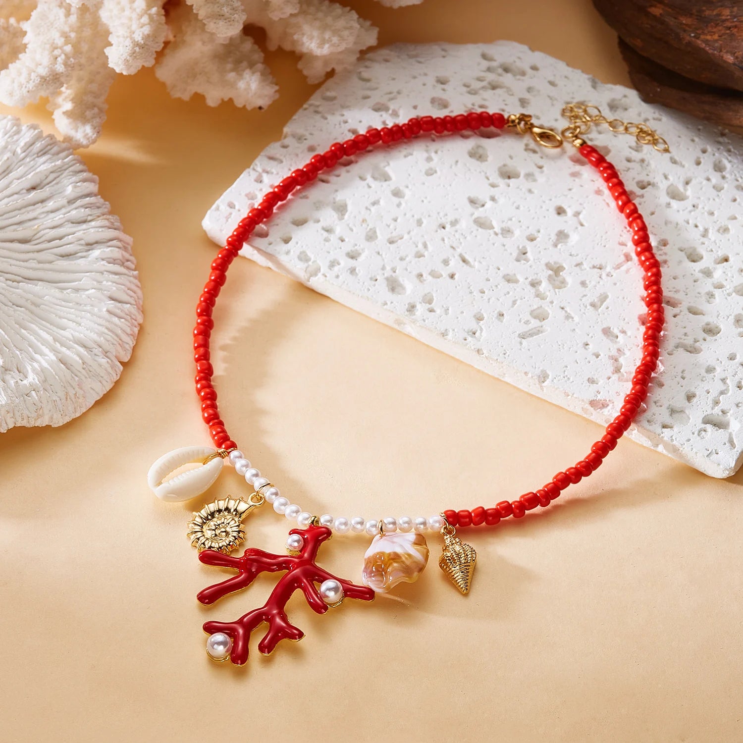 Coral, Starfish and Rice Bead Sun Boho Necklace, Earring or Ring