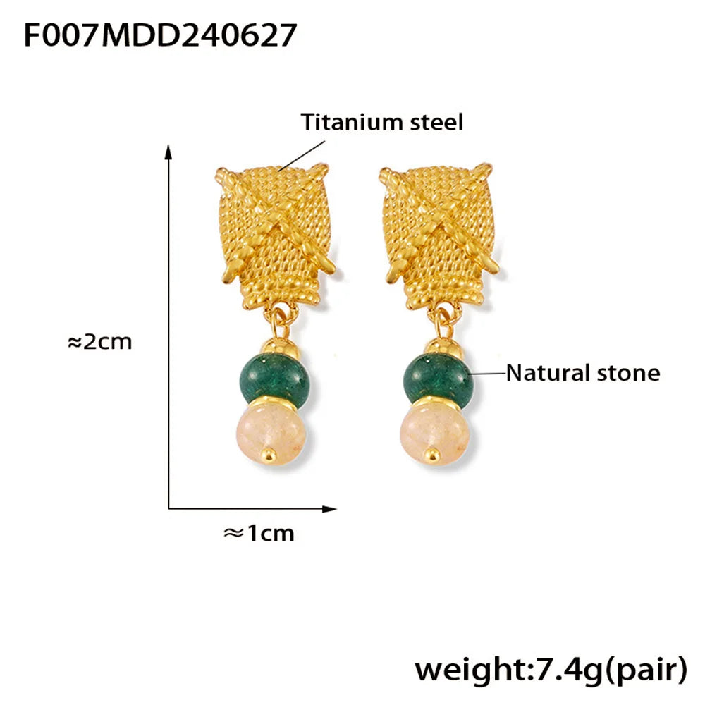 Multi-Color Natural Stone Dangle Earrings, Waterproof Stainless Steel Boho Jewelry